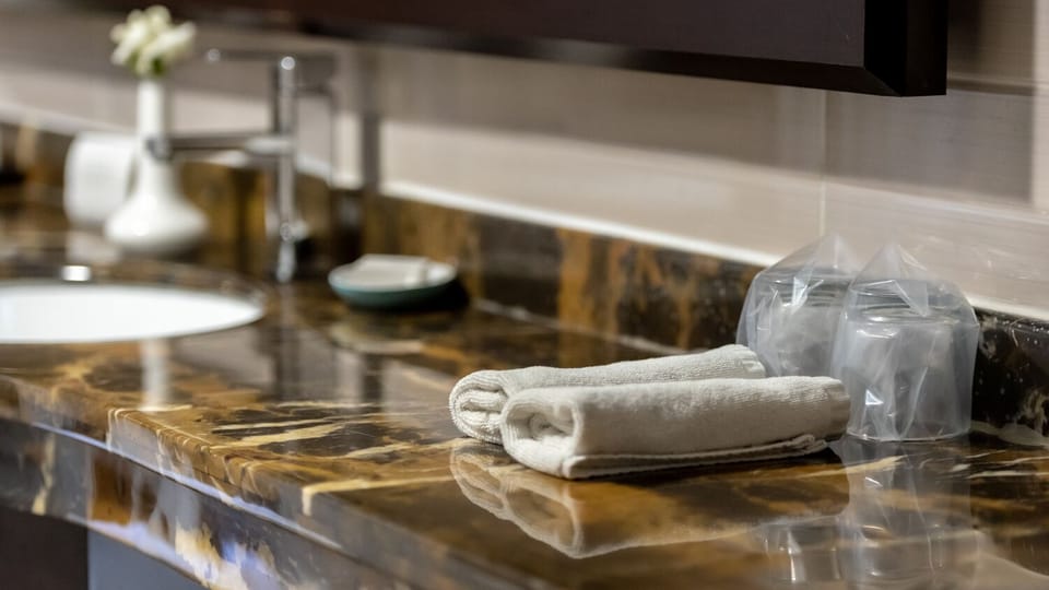 Shower, free toiletries, hair dryer, slippers