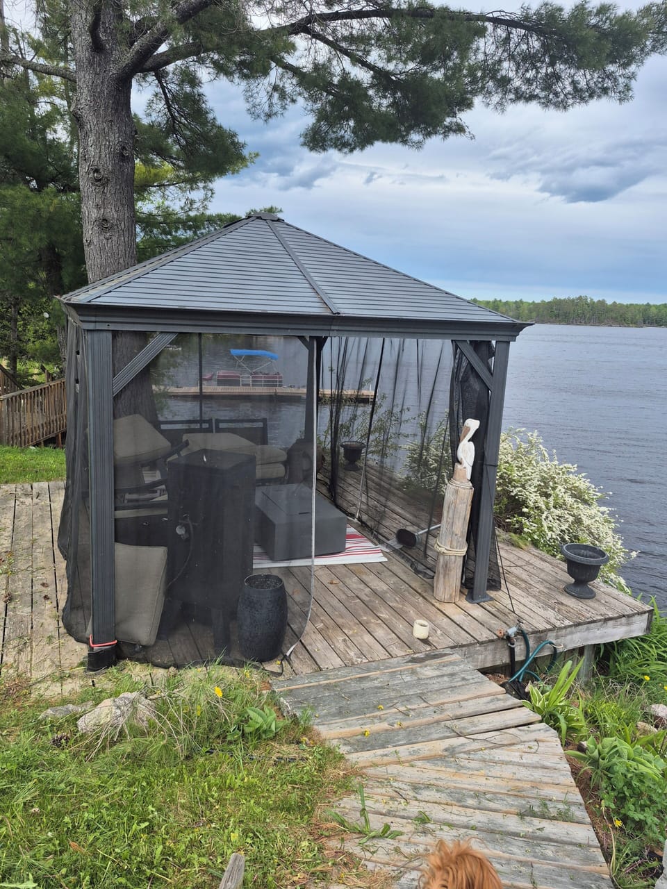 Gazebo with fire table, lakefront view