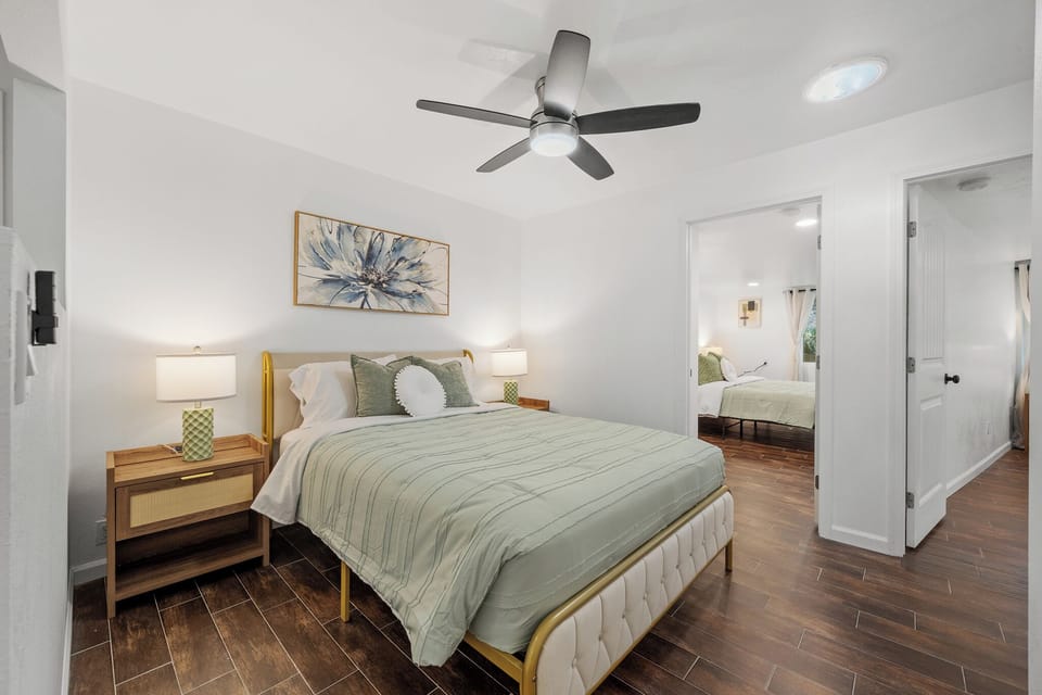 Bright bedroom with easy access to the adjoining spaces.