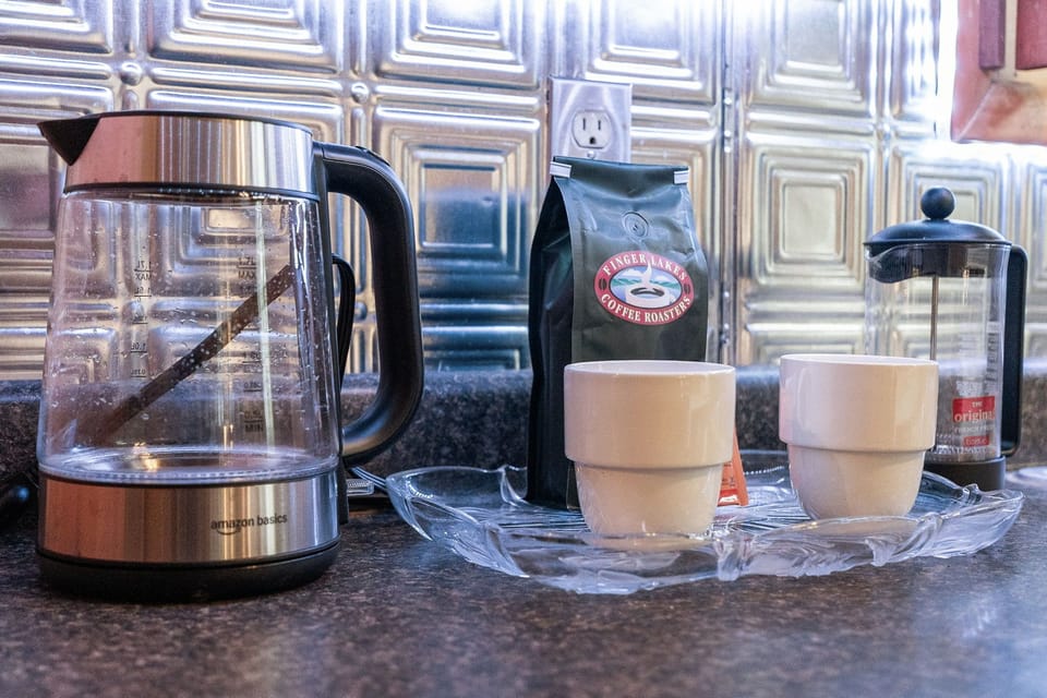 Local Finger Lakes coffee and a French press ready for your next relaxing morning in.