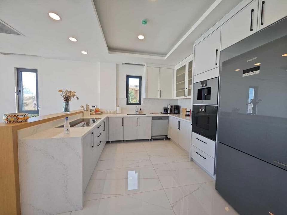 Full-size fridge, oven, stovetop, dishwasher