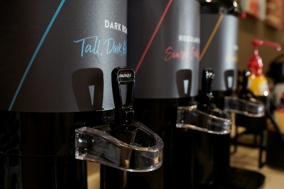 Self-serve coffee station available 24 hours daily.