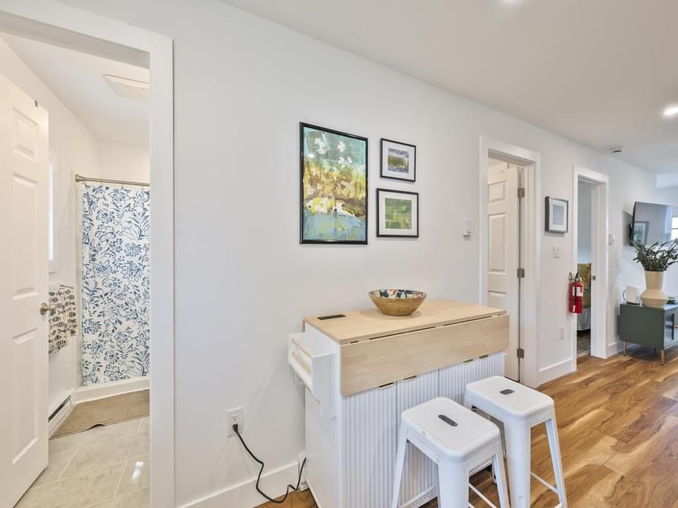 Welcoming entryway with artistic decor.