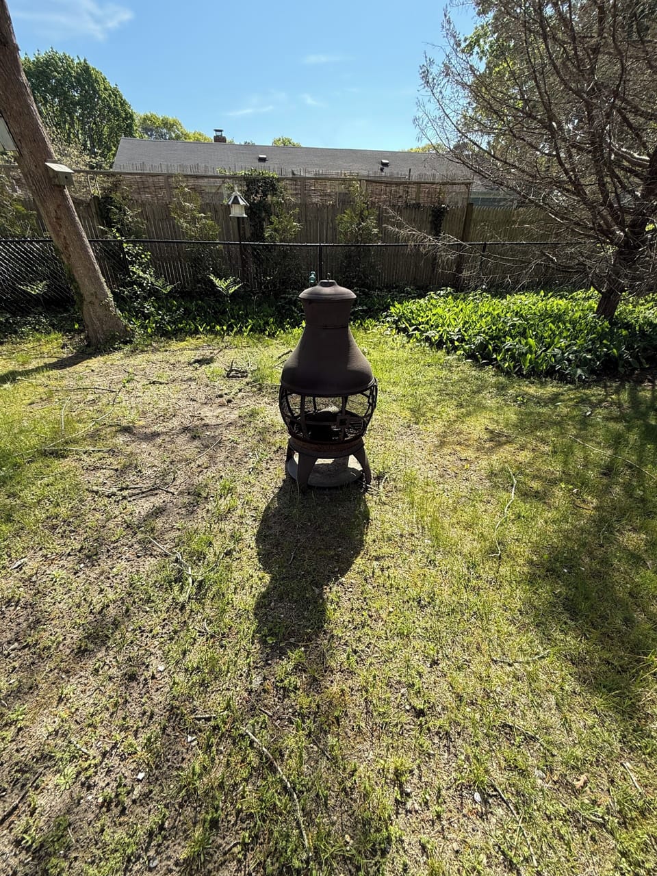 A charcoal grill stands ready in a spacious yard, surrounded by mature trees and natural greenery—perfect for outdoor cookouts during your stay.