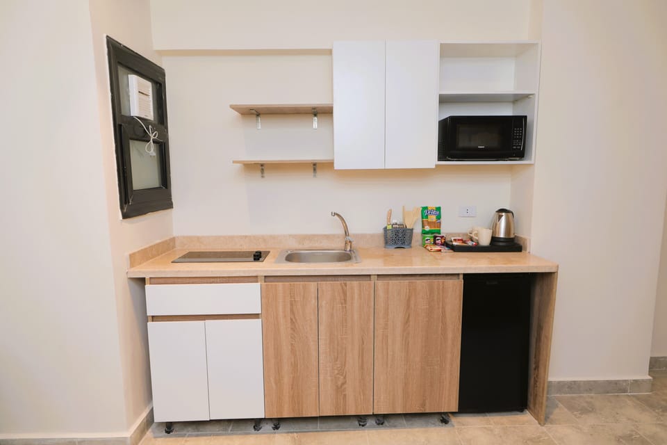 Microwave, stovetop, cookware/dishes/utensils