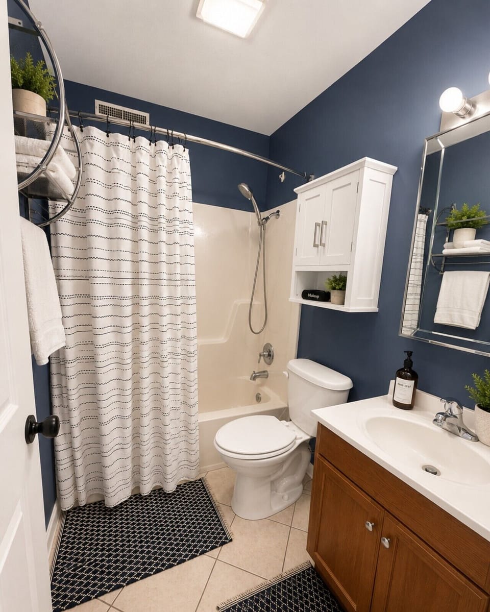 The full bathroom features a shower/tub combo and all the essentials to freshen up after a fun day out on the lake.