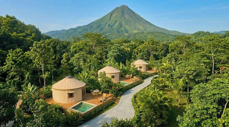 Drone view of Arenal Yurts, with volcano view