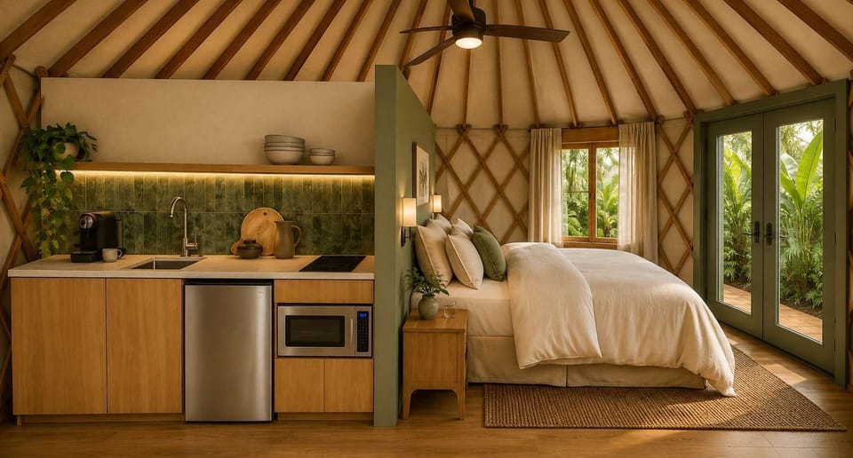 Arenal Yurt kitchenette and room