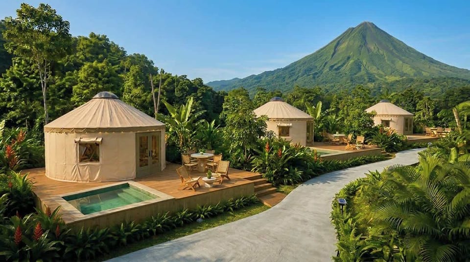 Arenal Yurts outside, with a volcano-view