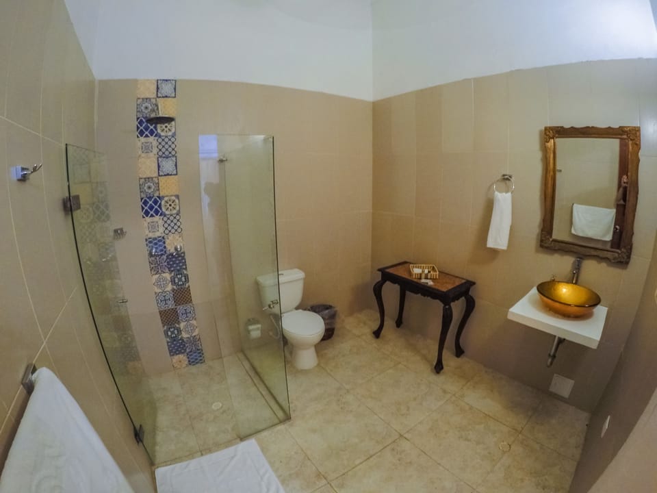 Shower, free toiletries, hair dryer, towels