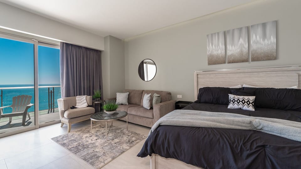 The bed and seating area.