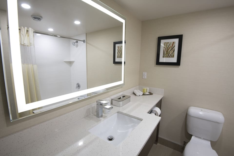 Shower, eco-friendly toiletries, hair dryer, towels