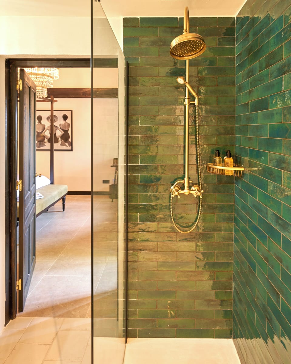 Shower, rainfall showerhead, hair dryer, bathrobes