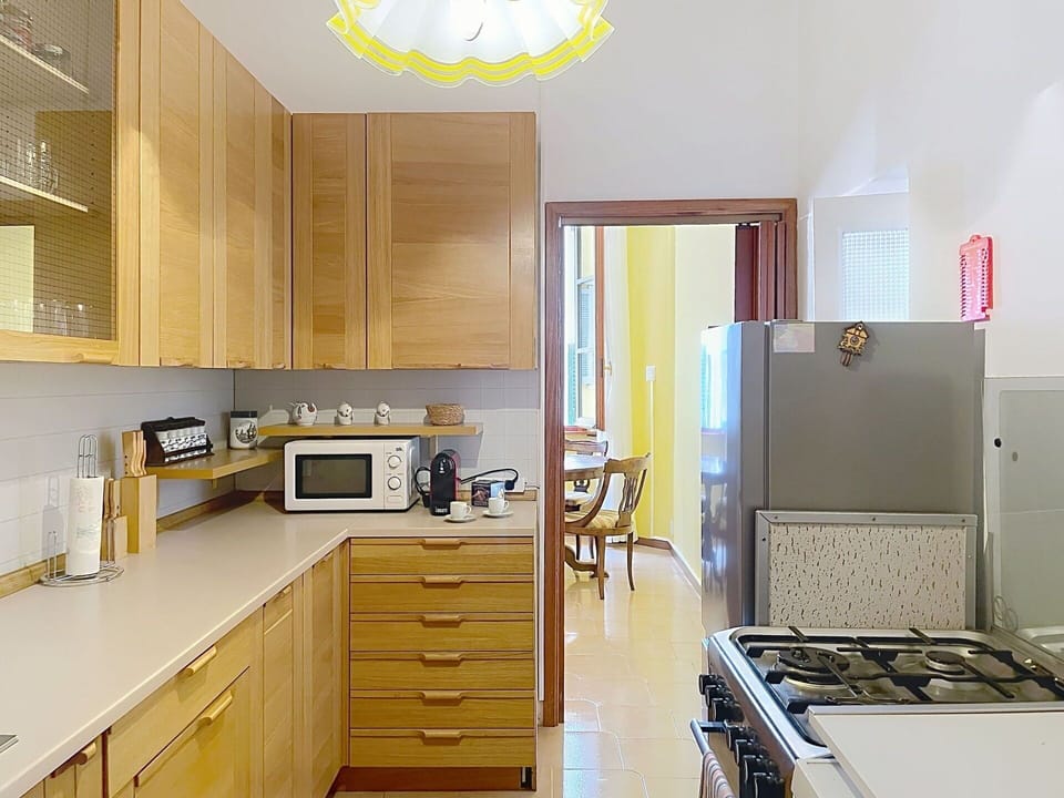 Furniture, Countertop, Kitchen, Kitchen Appliance, Cabinetry, Interior Design, Flooring, Wood, Major Appliance, Light Fixture
