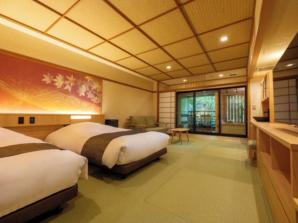 Western-style twin room with open-air Hinoki Onsen bath "Mizuhana no Sho" | Individually decorated, laptop workspace, free WiFi, bed sheets