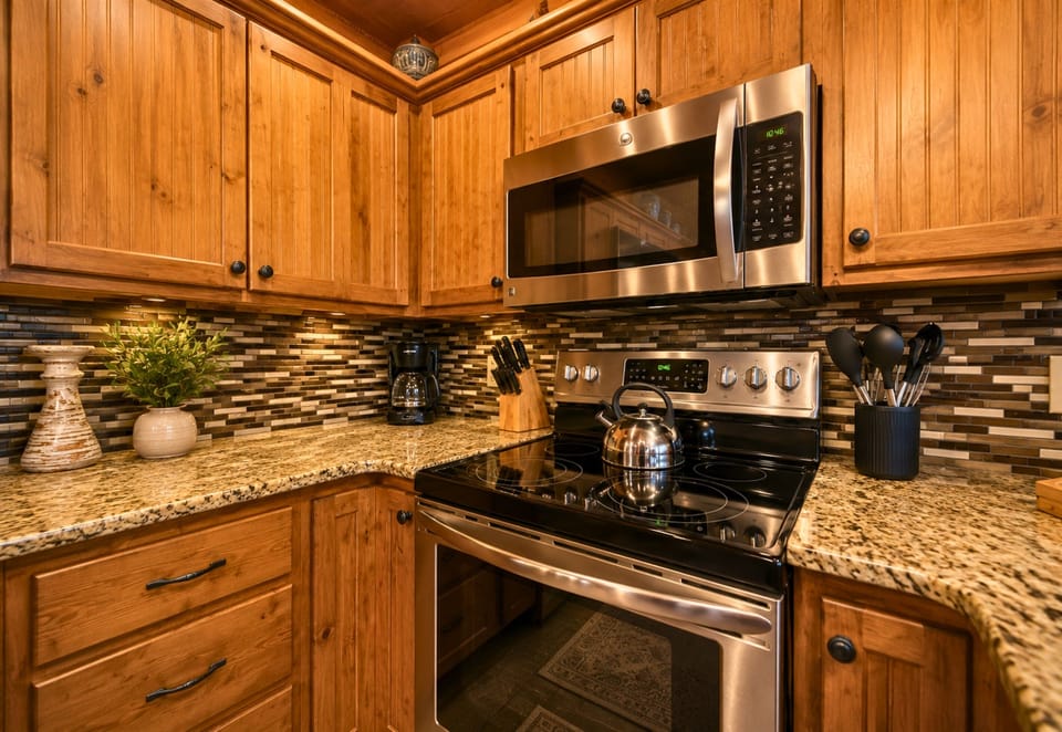 Modern appliances blend seamlessly with the wood interiors, creating a kitchen that feels both updated and cozy.