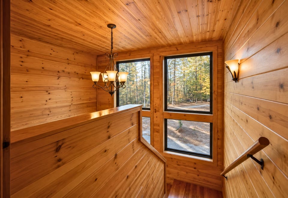 Positioned beside large windows, the soaking tub offers a peaceful place to relax while taking in the surrounding wooded views.