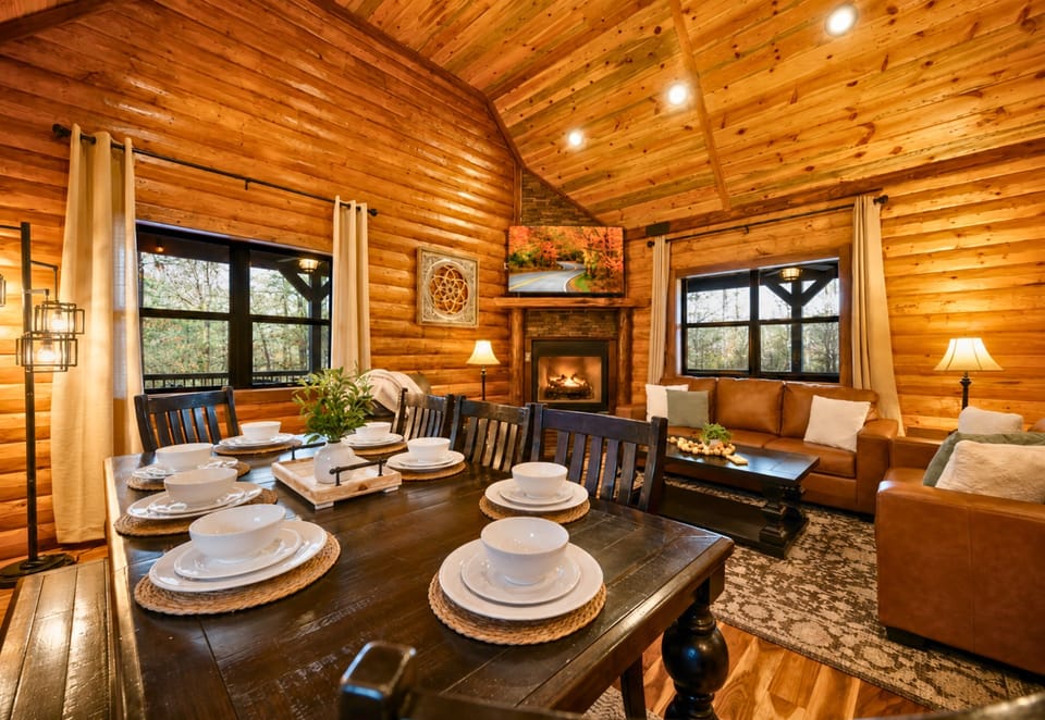 Shared meals become part of the experience in this inviting dining area surrounded by warm lighting and cabin charm.