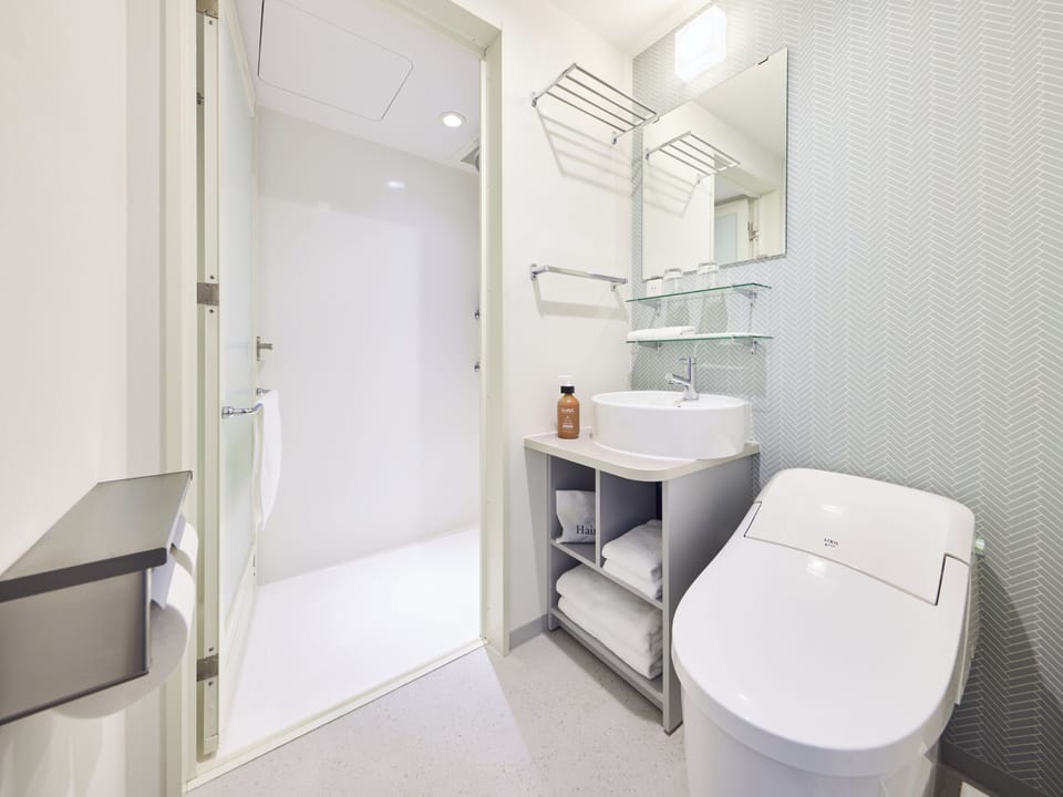 Rainfall showerhead, hair dryer, slippers, towels