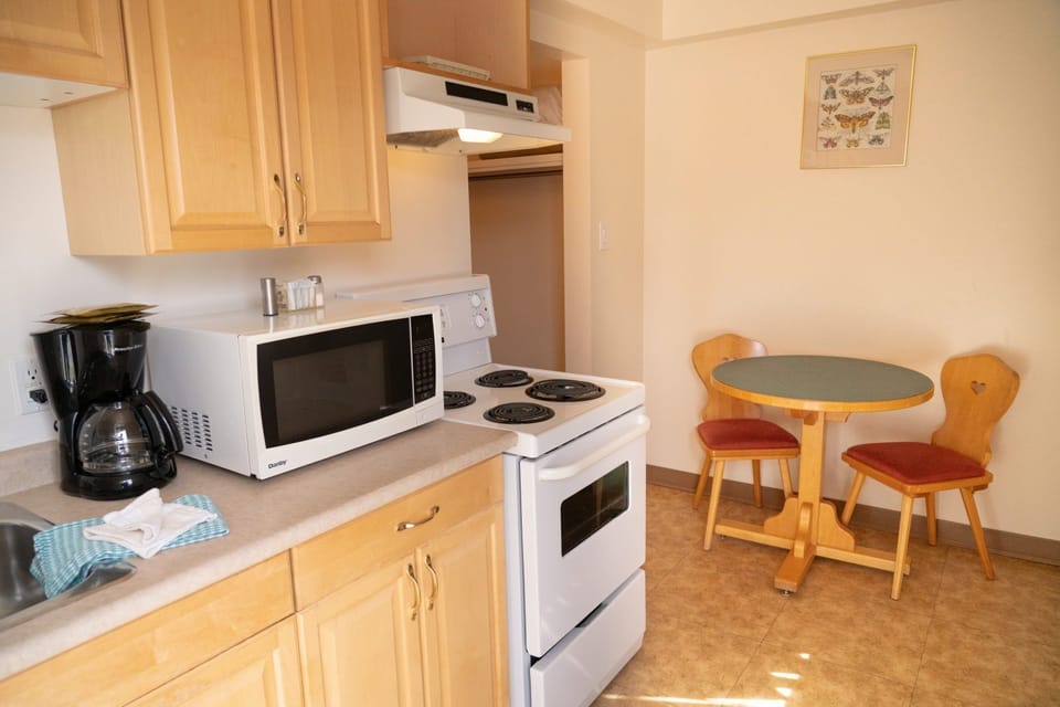 Light wood kitchen with full stovetop, microwave, coffee maker, and a two-seat dining table