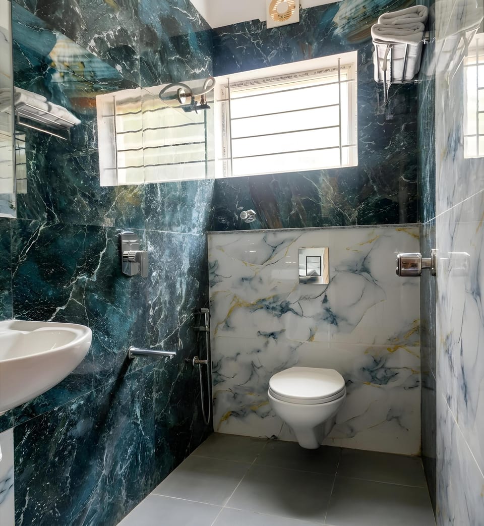 Shower, towels, soap, shampoo