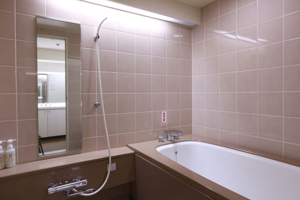Separate tub and shower, deep soaking tub, free toiletries, hair dryer