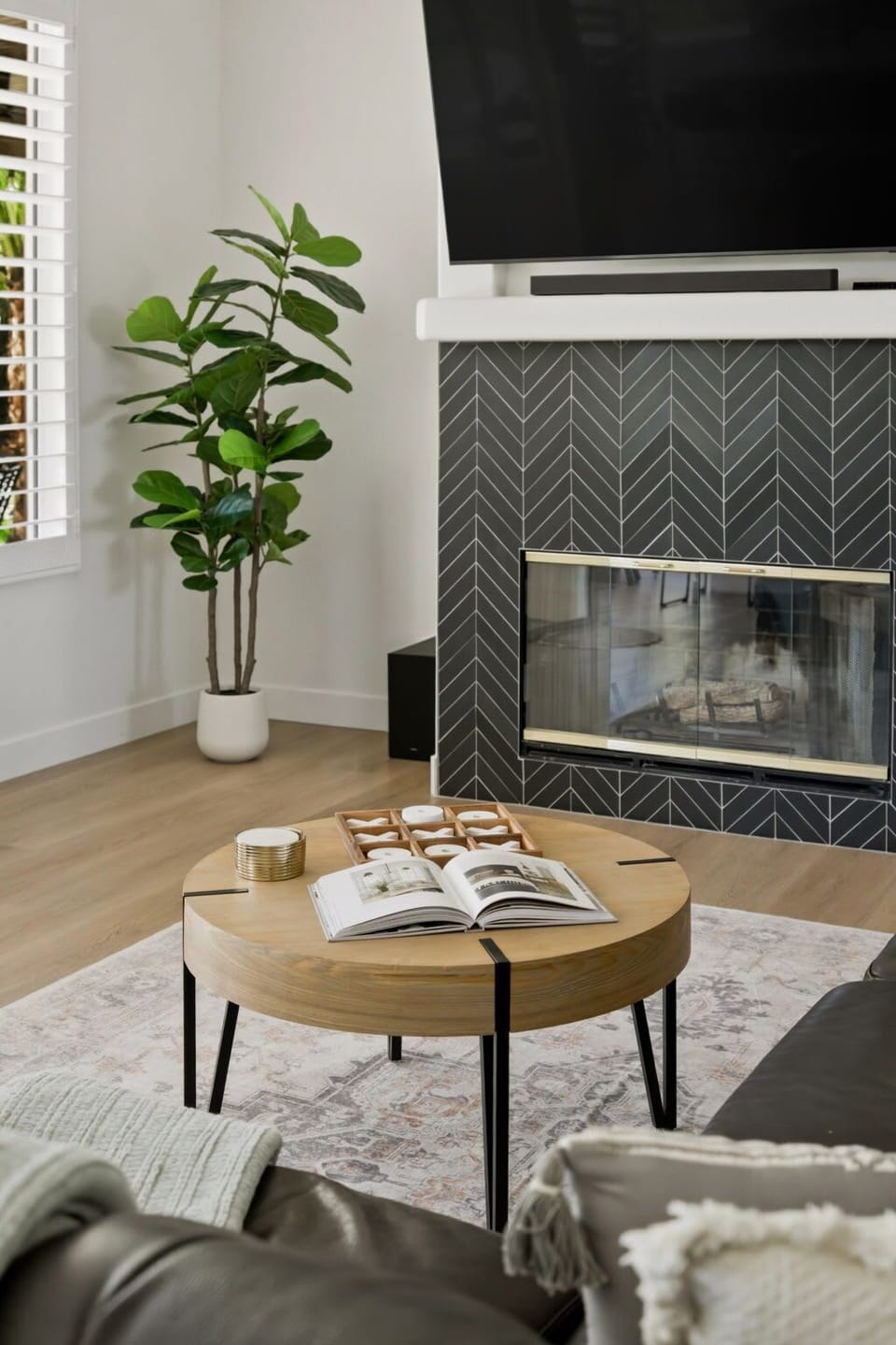 Large living space with smart tv and fireplace