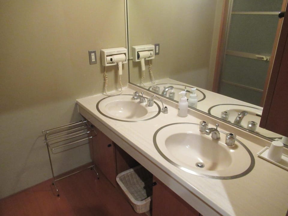 Combined shower/tub, rainfall showerhead, free toiletries, hair dryer