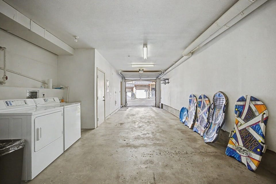 First-floor garage looking out toward the road and surrounding neighborhood.
