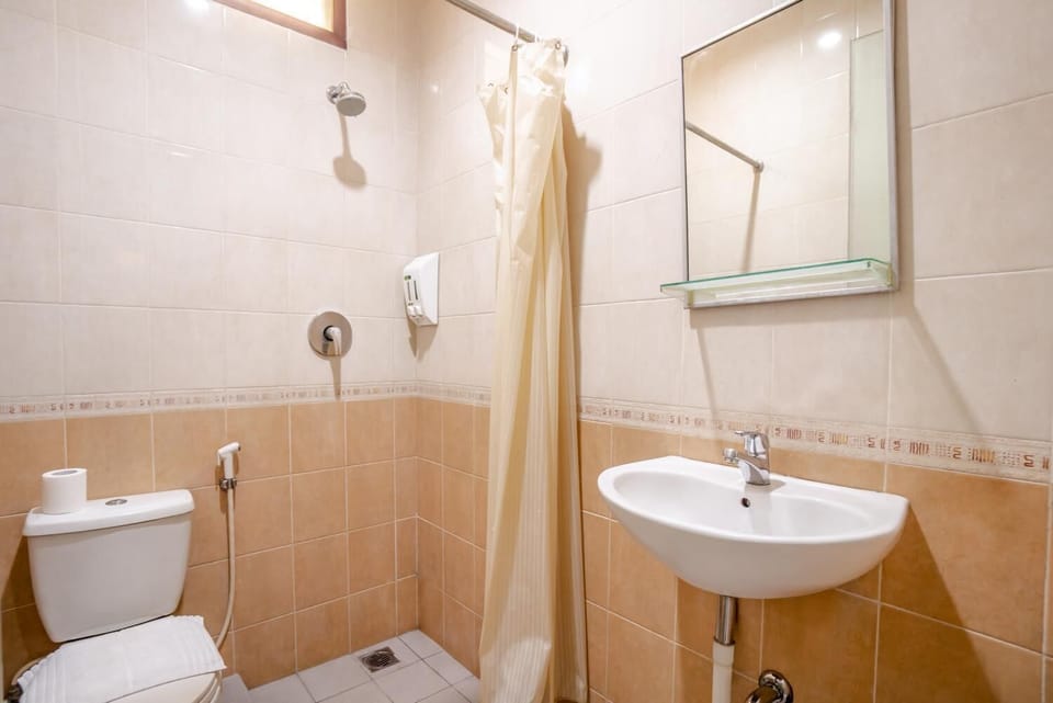 Shower, free toiletries, slippers, towels