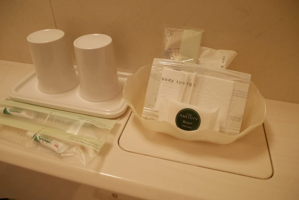 Combined shower/tub, free toiletries, hair dryer, slippers
