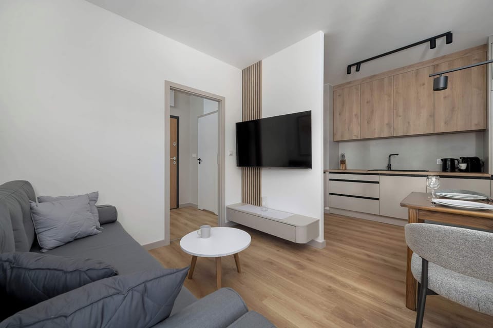 Open-plan living area combining a cozy lounge space with a fully equipped kitchenette.