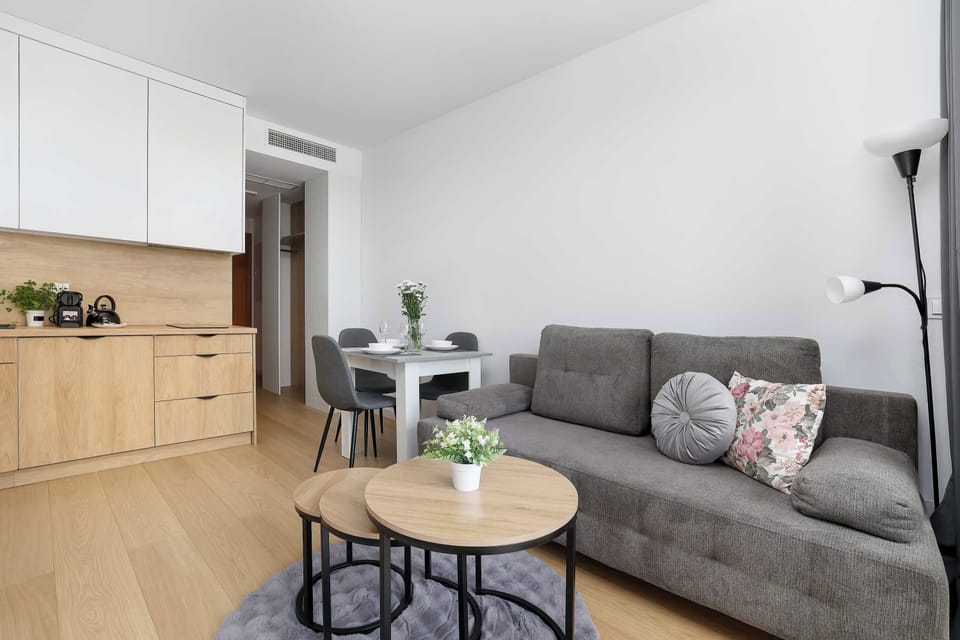 Stylish open-plan studio featuring a cozy lounge area and fully equipped kitchenette.