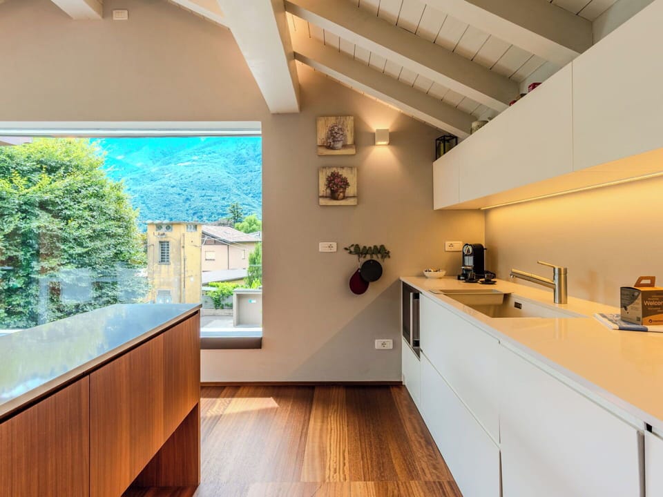 Interior Design, Flooring, Kitchen, Wood, Ceiling, Countertop, Floor, Room, Home, Kitchen Appliance