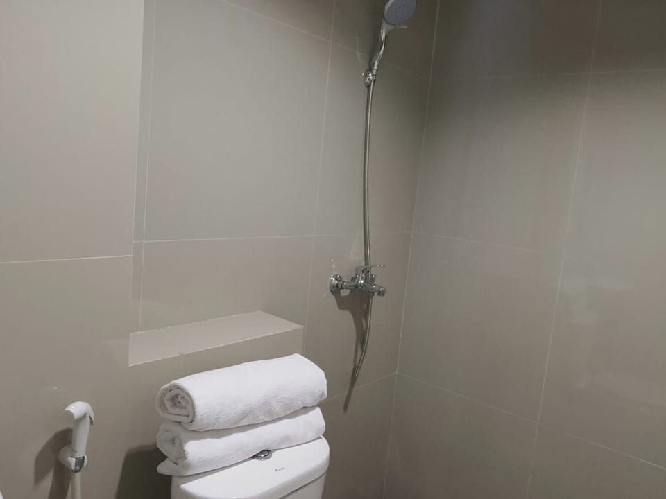 Shower, free toiletries, towels, soap