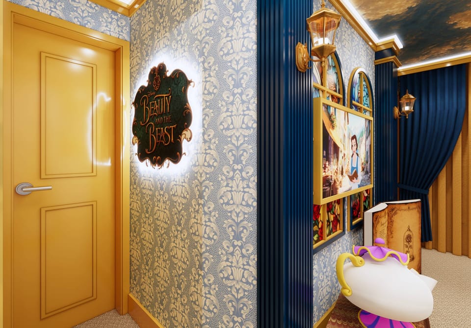 Enter a whimsical hallway draped in rich blue fabric and adorned with intricate wallpaper, blending playfulness with sophistication. Framed art adds charm, inviting you to discover the unique character of this captivating space.
