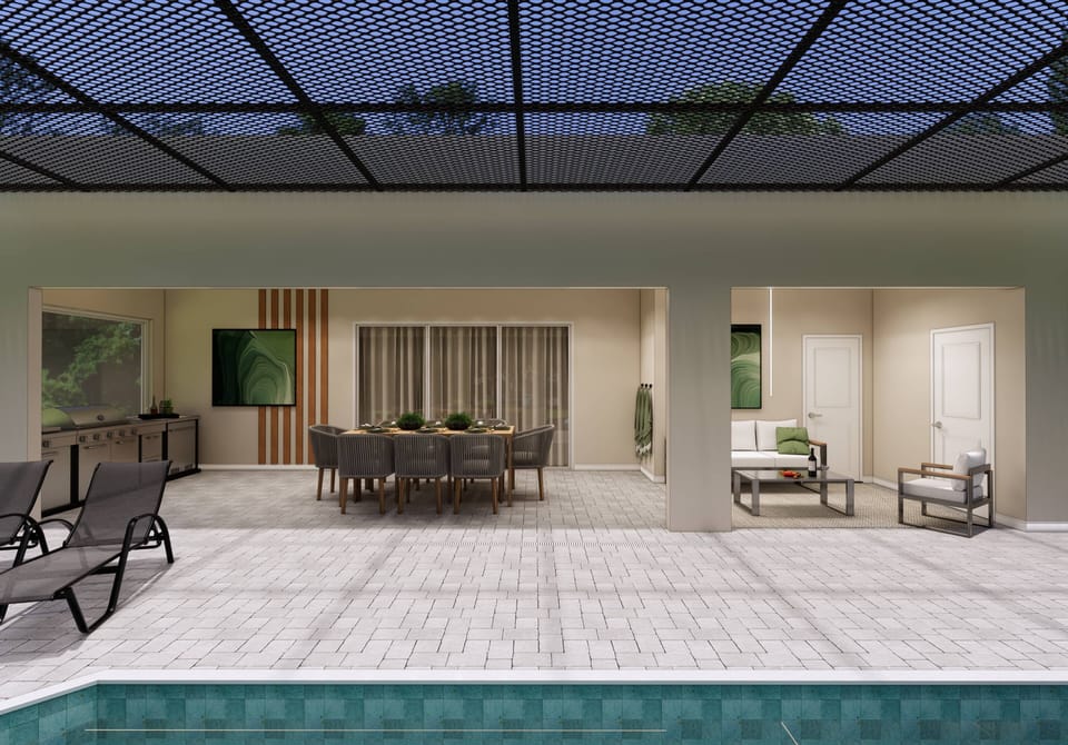 Enjoy a spacious outdoor living area featuring a stylish dining table ideal for meals by the sparkling pool. With its neutral tones and cozy seating surrounded by lush greenery, it's a perfect spot to unwind in the fresh air.