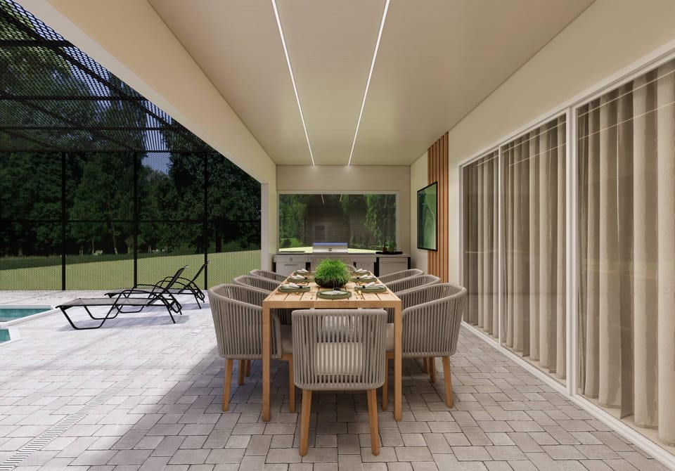 Step outside to this spacious patio, where a stylish dining table awaits your gatherings, surrounded by modern wicker chairs. Enjoy meals under the soft glow of recessed lighting, with expansive views of the lush greenery beyond.