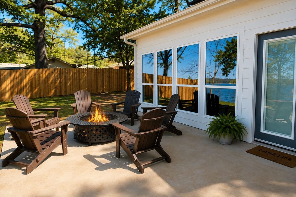 Gather around the fire pit and enjoy beautiful lake views from the fenced backyard. Relax in Adirondack chairs, soak in the peaceful setting, and enjoy this pet-friendly outdoor space complete with a convenient dog waste 