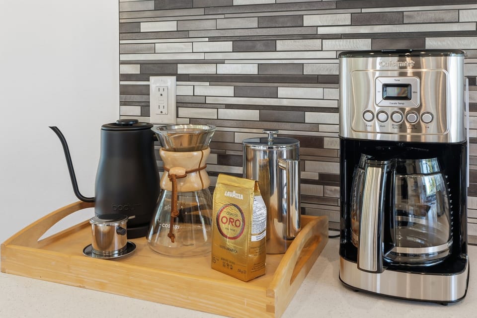 Modern coffee station with drip, pour-over, and French press options