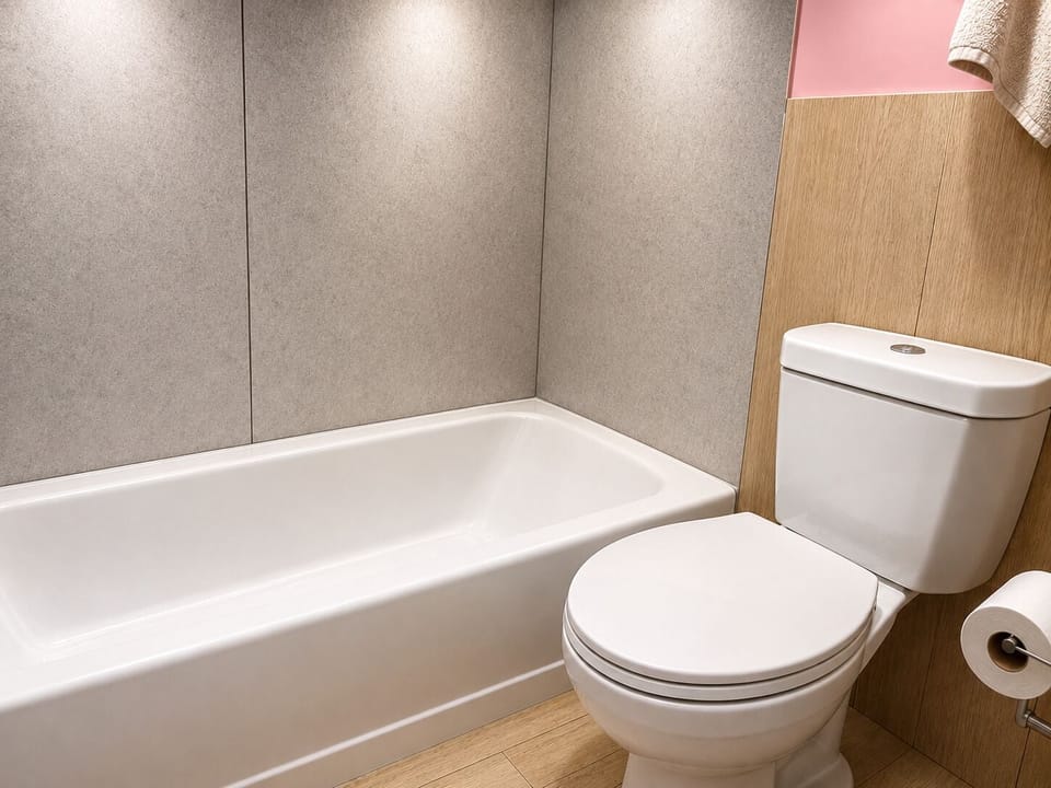 Combined shower/tub, towels, soap, toilet paper