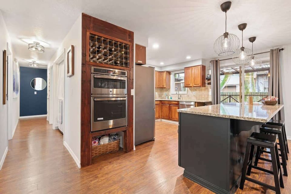 Kitchen island and entry hall.