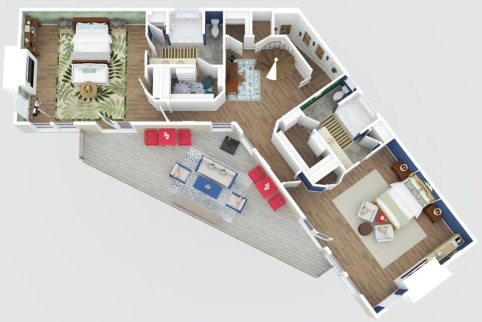 Here’s the upper-level floor plan—both Primary Suite Bedrooms are equally spacious and generously sized, designed as mirror images of each other. These two primaries share access to the Upper Level Deck.