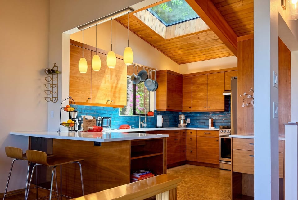 A skylight fills the kitchen with beautiful natural light, making it an inviting place to start the day.