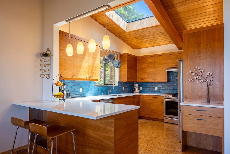 The oversized island offers extra prep space, casual seating, and plenty of room for everyone to gather.