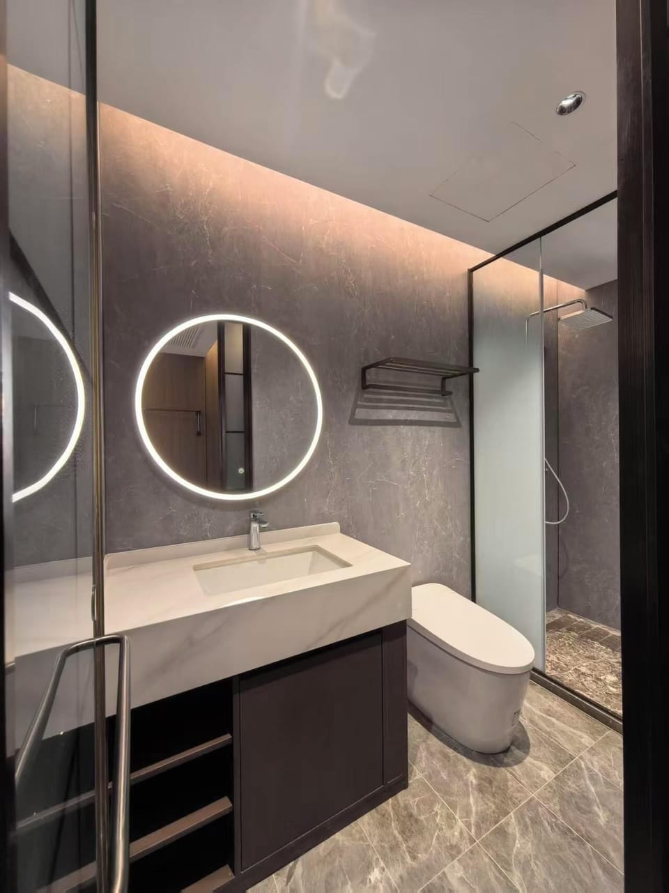 Shower, rainfall showerhead, hair dryer, slippers