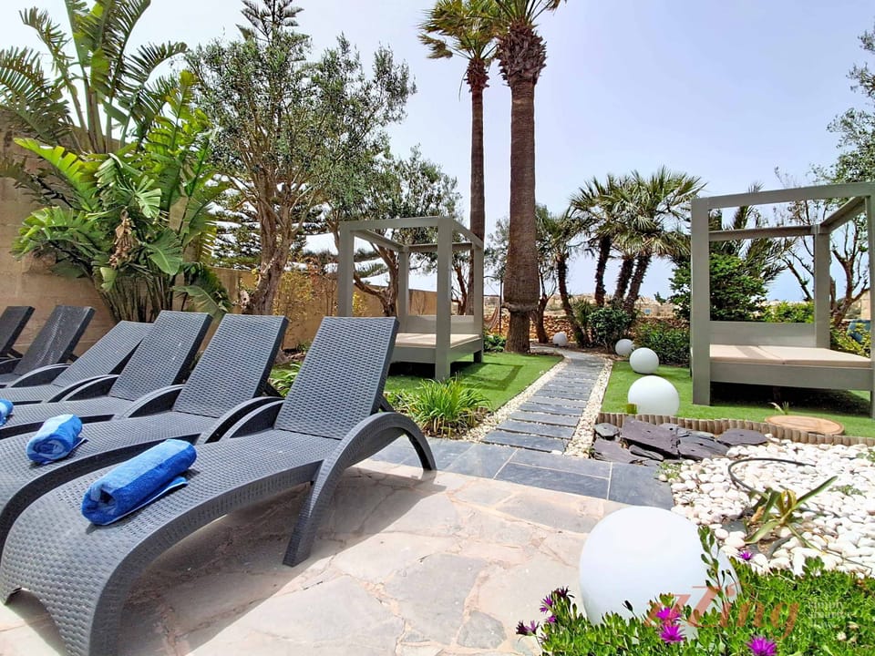 Pool loungers and garden