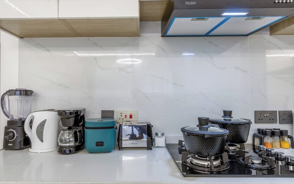Deluxe Apartment | Private kitchen | Full-size fridge, microwave, cookware/dishes/utensils