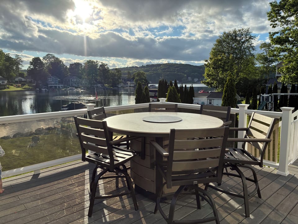 West-facing deck for long, sunny days. High-top with firepit for cool nights.