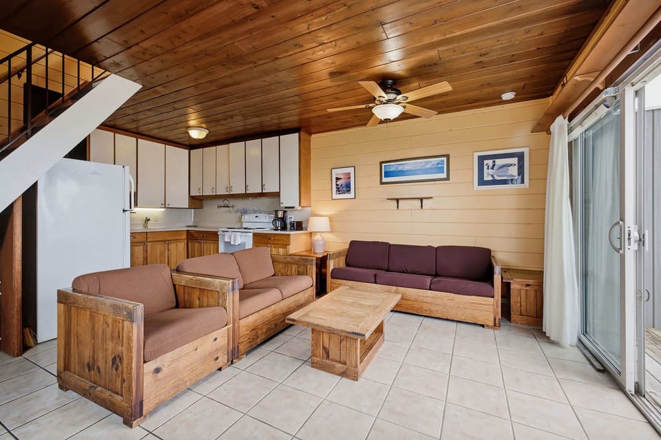 Relax together in the open living room after lakeshore adventures.